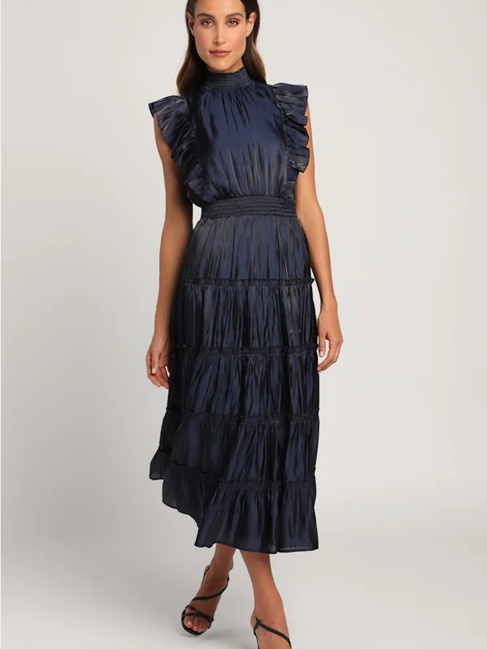 Lulu's Navy High-Neck Ruffle Tiered Midi Dress